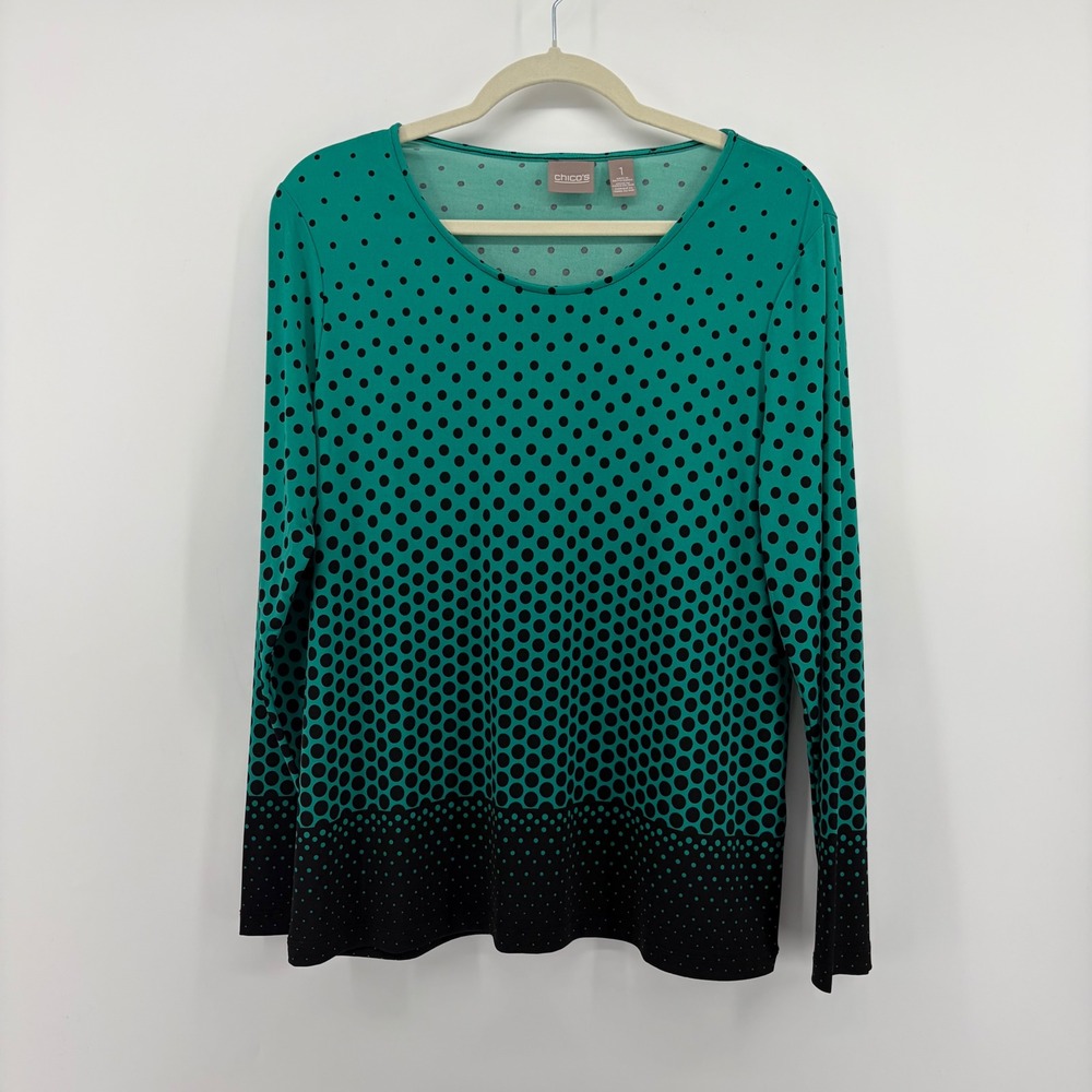 Chico's Polka Dot Top Teal Green Black Women Size M Long Sleeve Scoop Neck